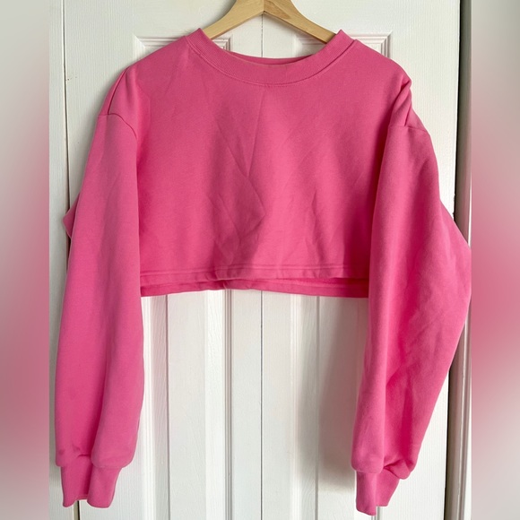 SHEIN BASICS Cotton Drop Shoulder Crop Pullover in Pink - Picture 4 of 5